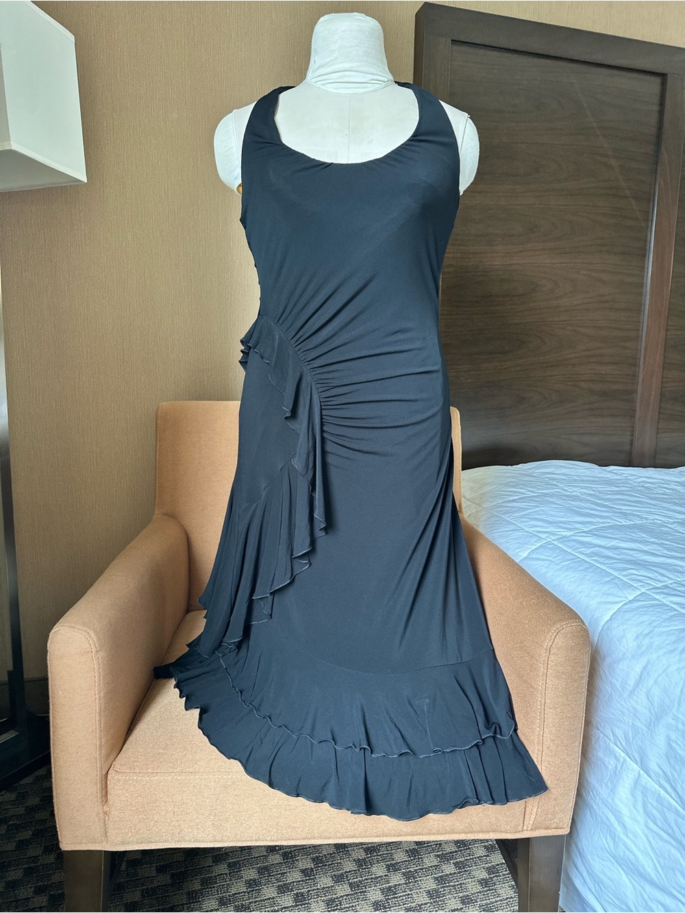 BCBG Max Azria Y2K Black Ruffled Sleeveless Maxi Dress Stretchy L